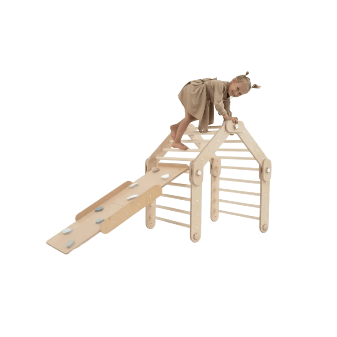 Transformer Kletterdreieck FULL MOON + 1 Rutsche | Natur | 30 Formen | 98 cm | Rutsche wählbar aus 6 Farben - Kletterling – einfach Kind sein