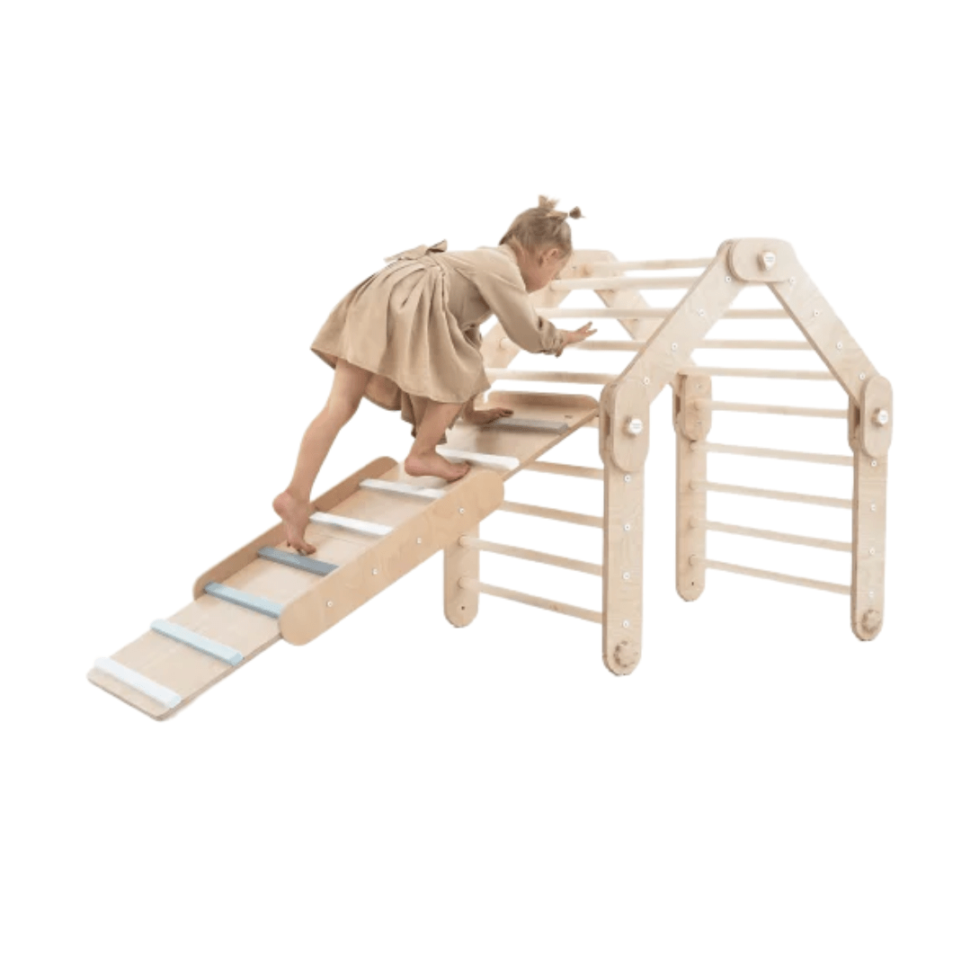 Transformer Kletterdreieck FULL MOON + 1 Rutsche | Natur | 30 Formen | 98 cm | Rutsche wählbar aus 6 Farben - Kletterling – einfach Kind sein