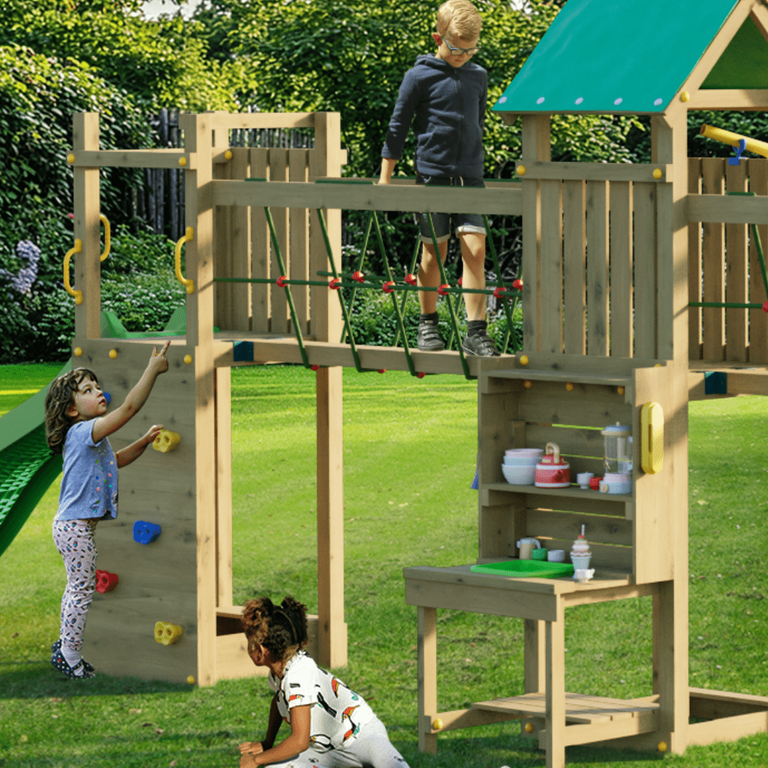Spielturm GOO SPACE | Klettergerüst OUTDOOR | 3 Türme | 2 Brücken | Matschküche & mehr - Kletterling – einfach Kind sein