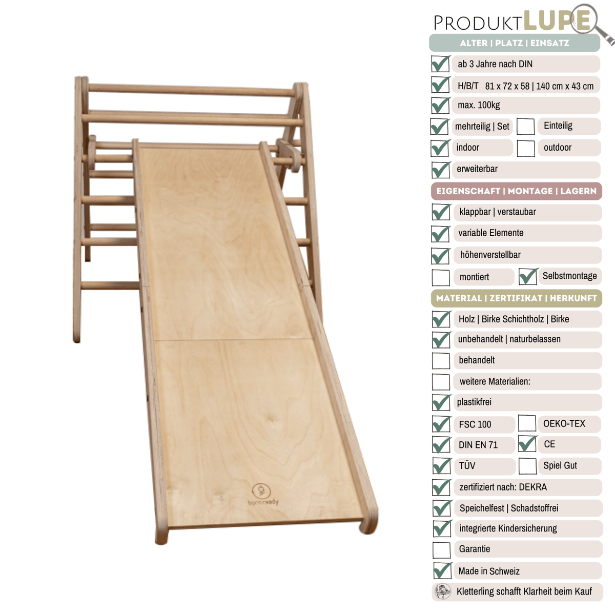 Kletterdreieck BORN + Rutsche | 2x Steigung verstellbar | 81 cm | klappbar - Kletterling – einfach Kind sein