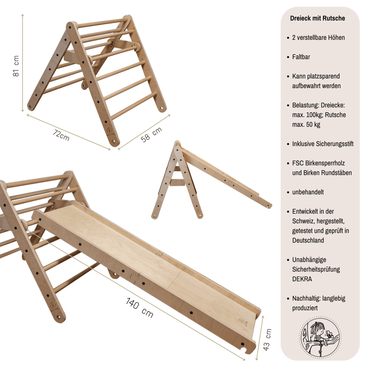 Kletterdreieck BORN + Rutsche | 2x Steigung verstellbar | 81 cm | klappbar - Kletterling – einfach Kind sein