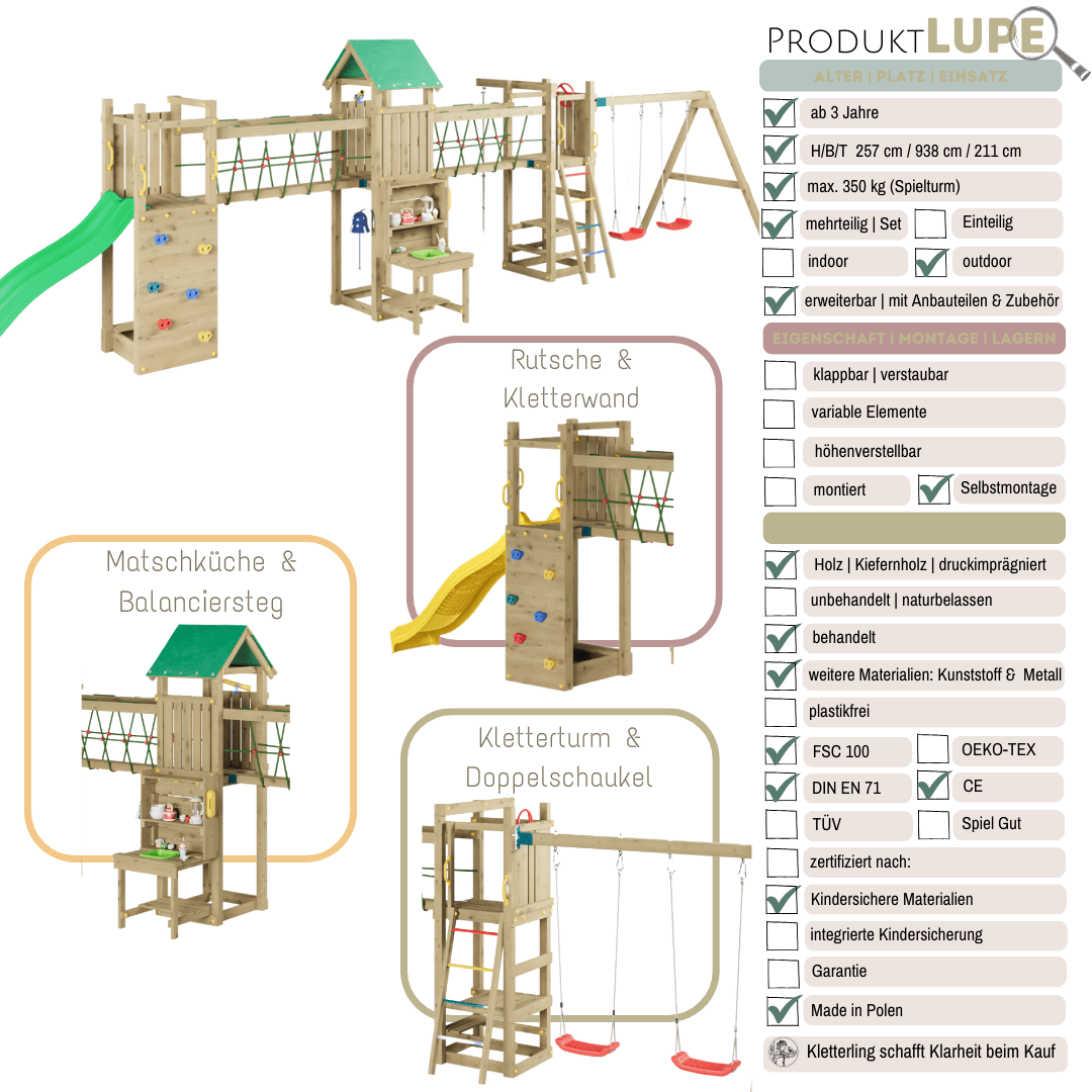 Spielturm GOO SPACE | Klettergerüst OUTDOOR | 3 Türme | 2 Brücken | Matschküche & mehr - Kletterling – einfach Kind sein