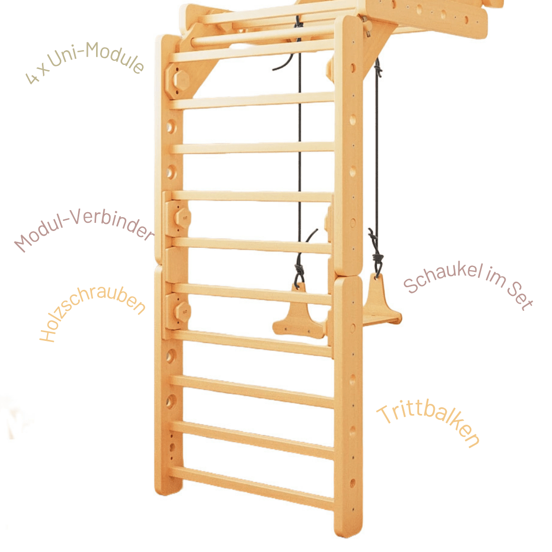 Sprossenwand EMMA SIX + Schaukel | 4 Module | 200 kg belastbar | 6 Aufbauvarianten | modulares System - Kletterling – einfach Kind sein