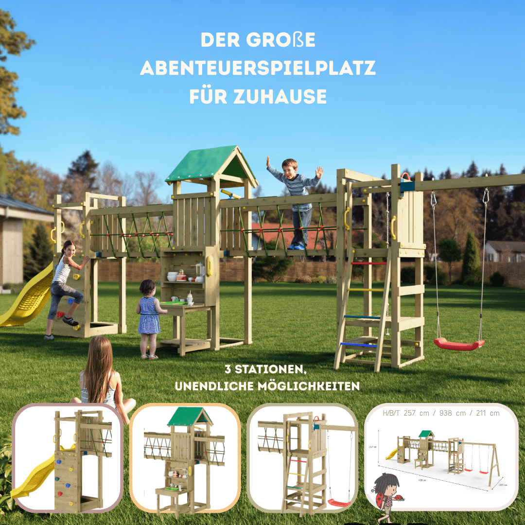 Spielturm GOO SPACE | Klettergerüst OUTDOOR | 3 Türme | 2 Brücken | Matschküche & mehr - Kletterling – einfach Kind sein