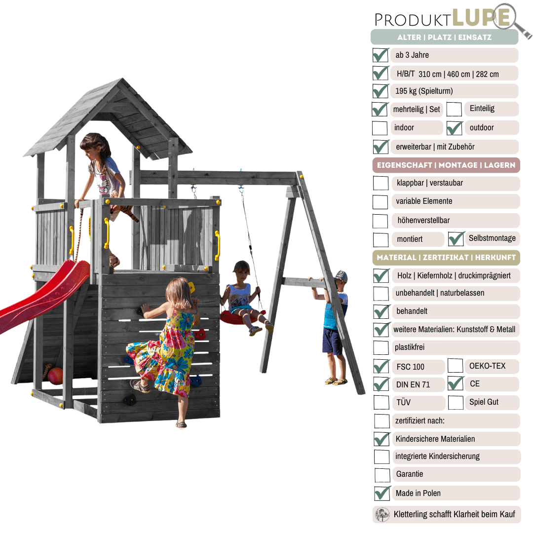 Spielturm GOO CAROL 3 | Klettergerüst OUTDOOR | in 3 Farben | bis zu 10 Kinder | Holzdach - Kletterling – einfach Kind sein