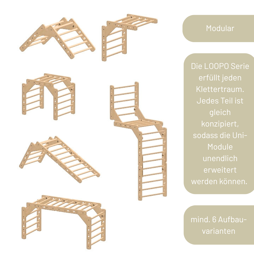 Sprossenwand LOOPO CLIFF + Schaukel | 4 Module | 200 kg belastbar | 6 Aufbauvarianten | modulares System - Kletterling – einfach Kind sein