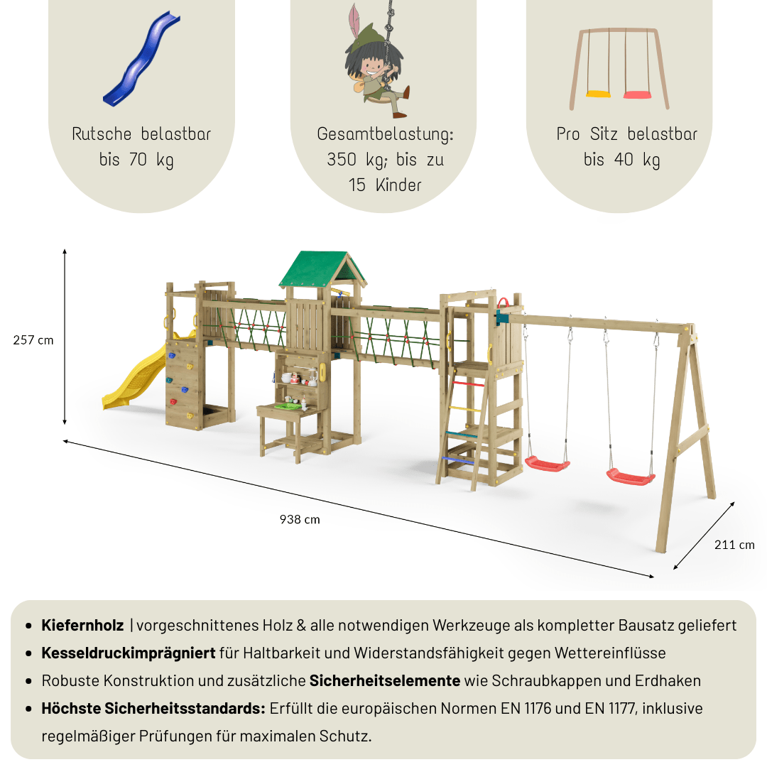 Spielturm GOO SPACE | Klettergerüst OUTDOOR | 3 Türme | 2 Brücken | Matschküche & mehr - Kletterling – einfach Kind sein