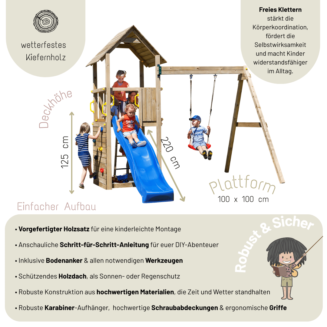 Spielturm GOO CAROL 2 | Klettergerüst OUTDOOR | in 3 Farben | bis zu 7 Kinder | Holzdach - Kletterling – einfach Kind sein