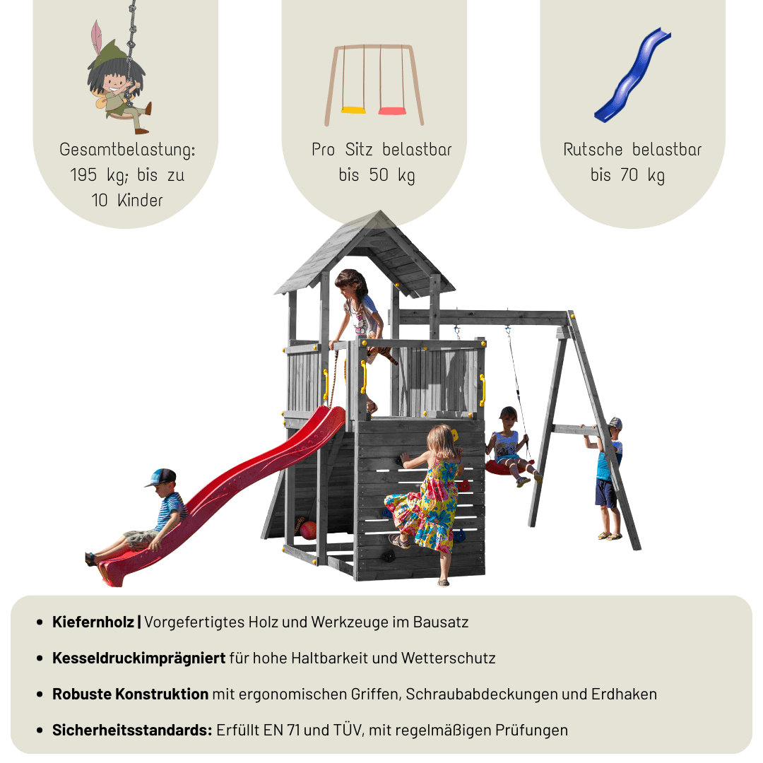 Spielturm GOO CAROL 3 | Klettergerüst OUTDOOR | in 3 Farben | bis zu 10 Kinder | Holzdach - Kletterling – einfach Kind sein