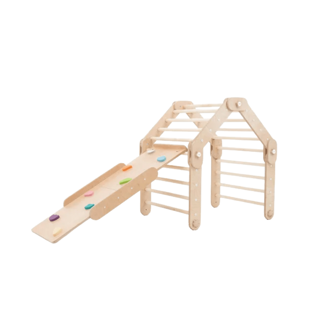 Transformer Kletterdreieck FULL MOON + 1 Rutsche | Natur | 30 Formen | 98 cm | Rutsche wählbar aus 6 Farben - Kletterling – einfach Kind sein