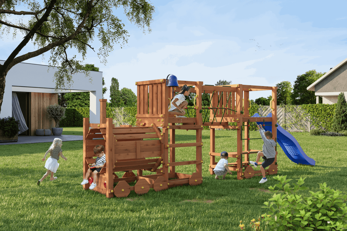 Spielturm Loco Express teak - Kletterling – einfach Kind sein