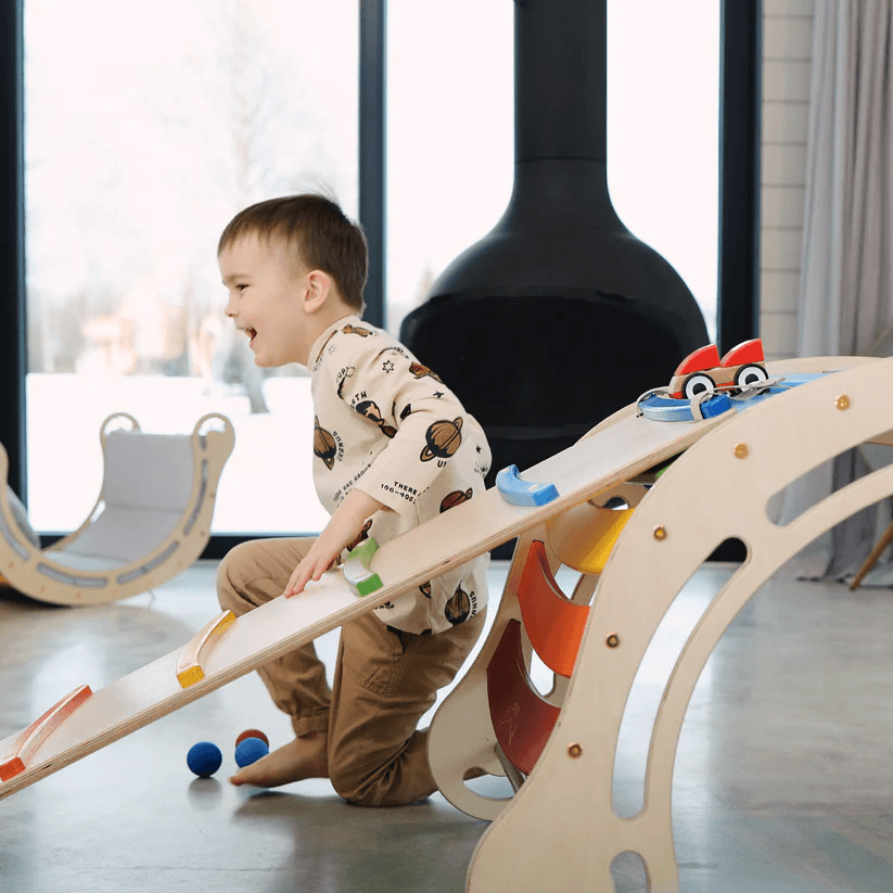 Spielset "Dynamik" natur - Montessori - Bogen mit Rutsche und Kissen - Kletterling – einfach Kind sein