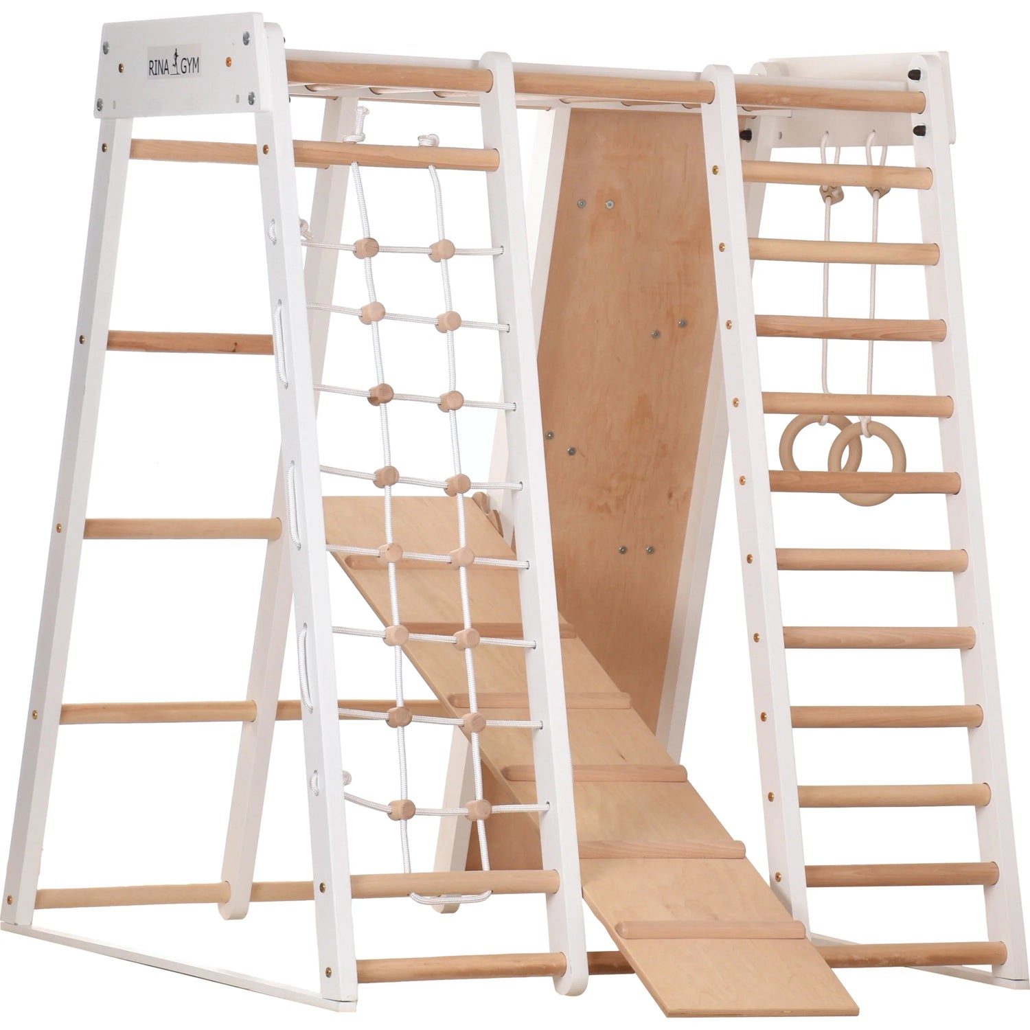 Klettergerüst PRO WHITE GYM | Sprossenwand, Ringe, Rutsche, Monkey Bar | ab 3 Jahren - Kletterling – einfach Kind sein