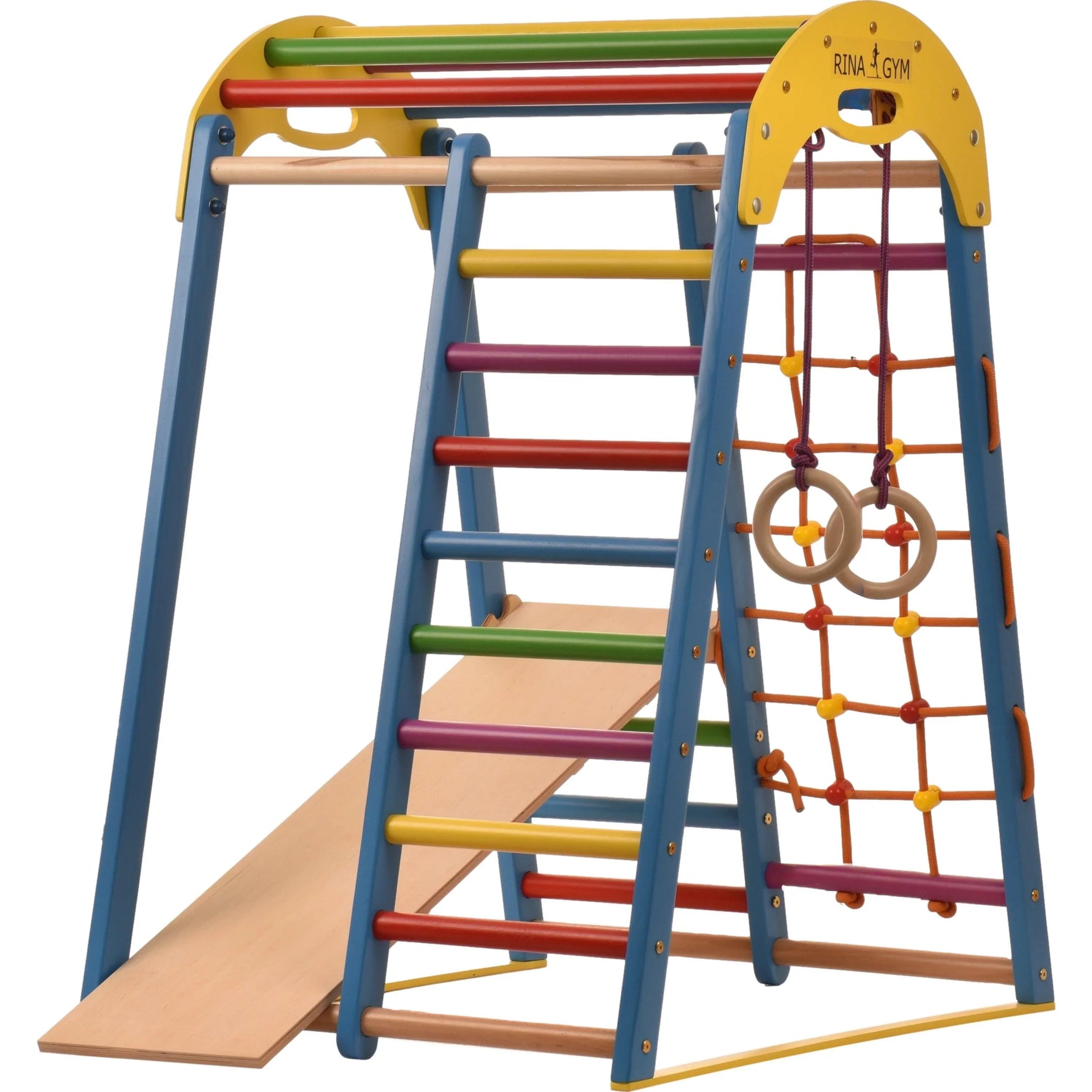 Klettergerüst FARBENWELT GYM | Sprossenwand, Netz, Ringe | ab 3 Jahren - Kletterling – einfach Kind sein