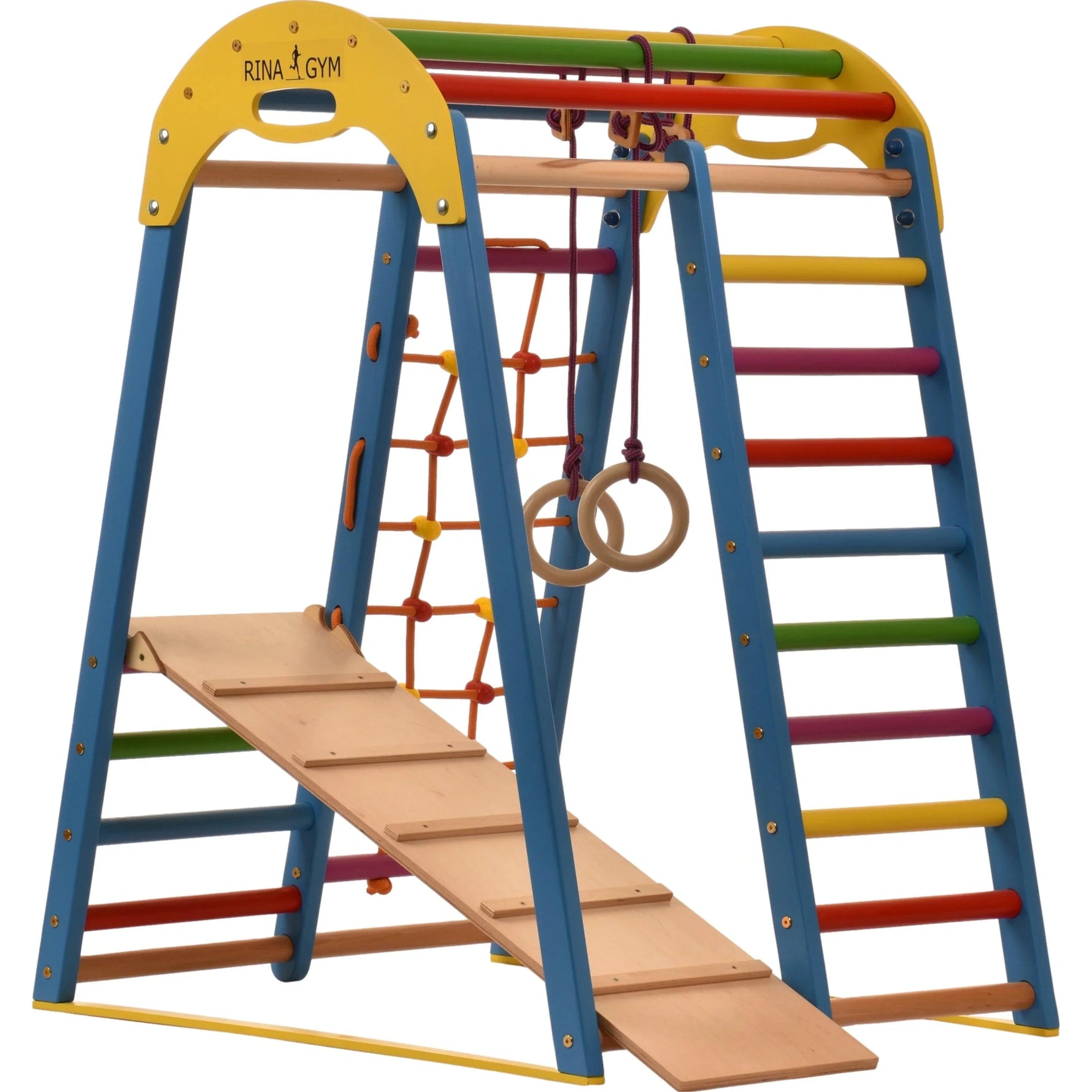 Klettergerüst FARBENWELT GYM | Sprossenwand, Netz, Ringe | ab 3 Jahren - Kletterling – einfach Kind sein