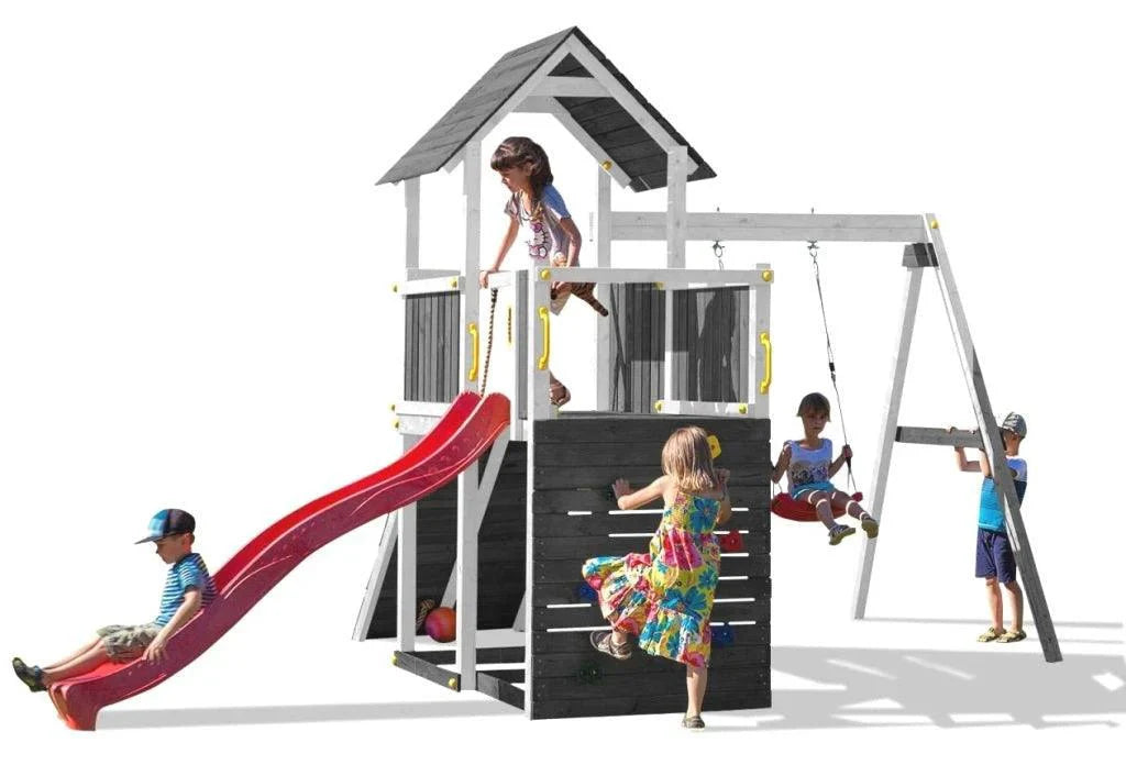 Spielturm GOO CAROL 3 | Klettergerüst OUTDOOR | in 3 Farben | bis zu 10 Kinder | Holzdach - Kletterling – einfach Kind sein