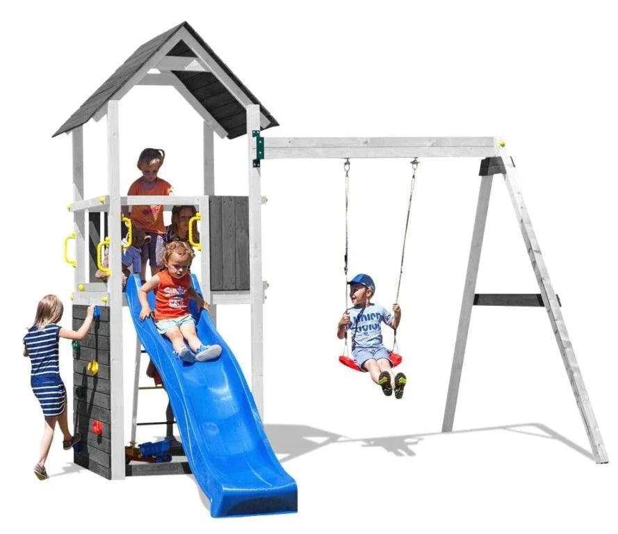 Spielturm GOO CAROL 2 | Klettergerüst OUTDOOR | in 3 Farben | bis zu 7 Kinder | Holzdach - Kletterling – einfach Kind sein