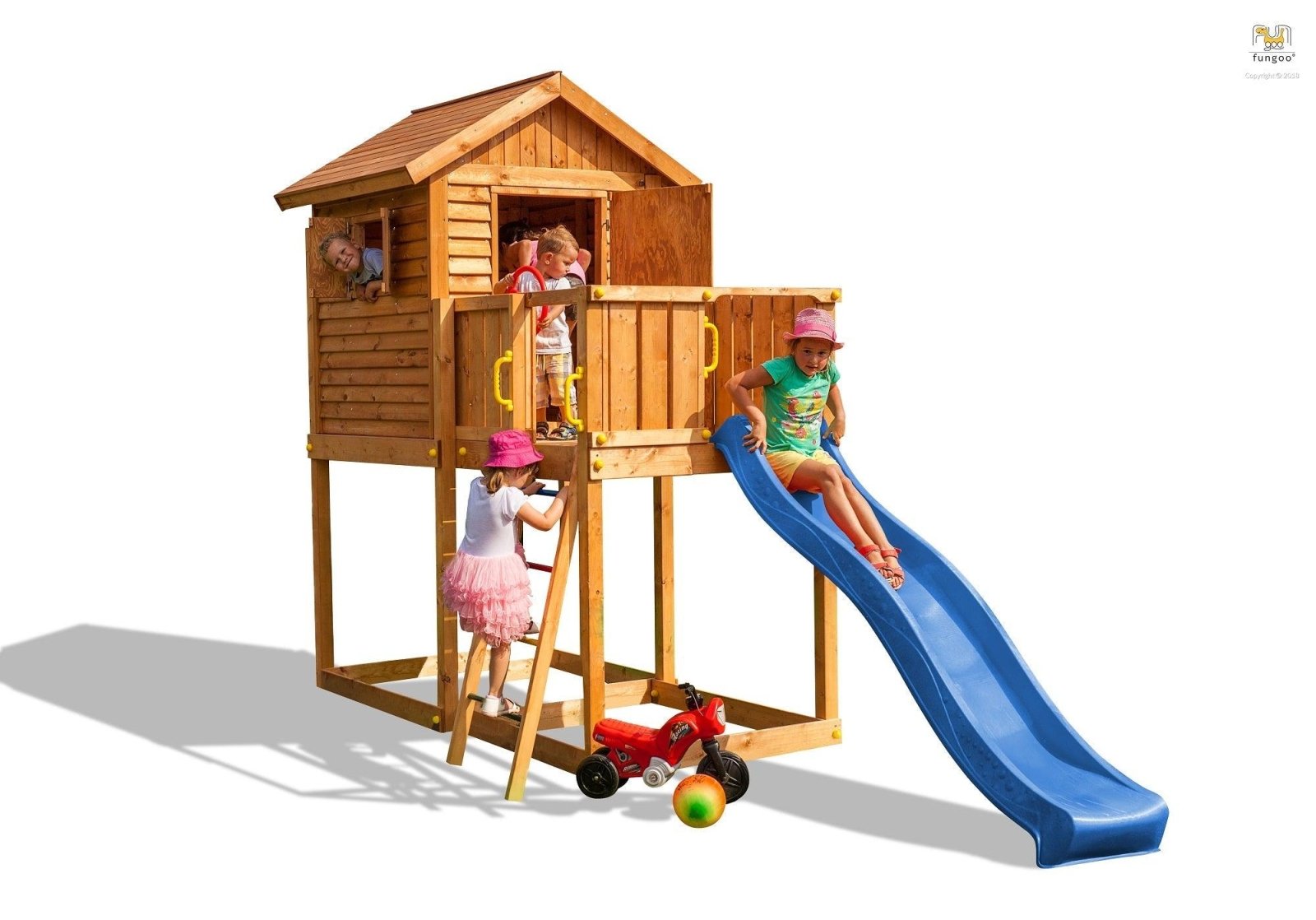 Spielturm My House mit Rutsche, Leiter, Haus mit Holzdach, Griffe, Steuerrad - Kletterling – einfach Kind sein