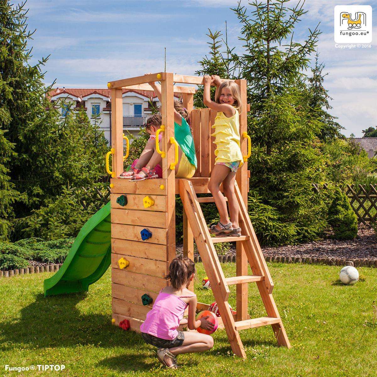 Spielturm TipTop mit Rutsche Leiter und Kletterwand, Klettergriffen, Bodenanker - Kletterling – einfach Kind sein